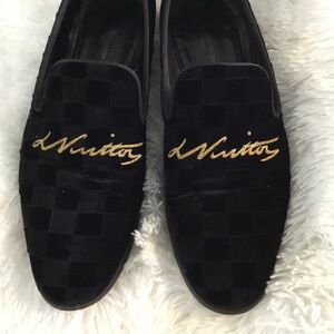 Louis Vuitton Black Velvet Checkerboard Loafers with Gold Script